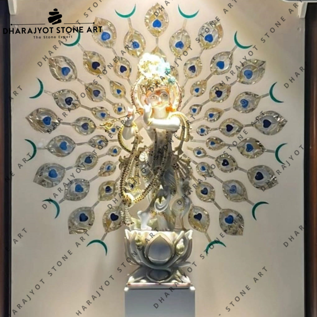 Luxury Handcrafted Krishna Wall Mural with Inlay Peacock Feather Design Temple