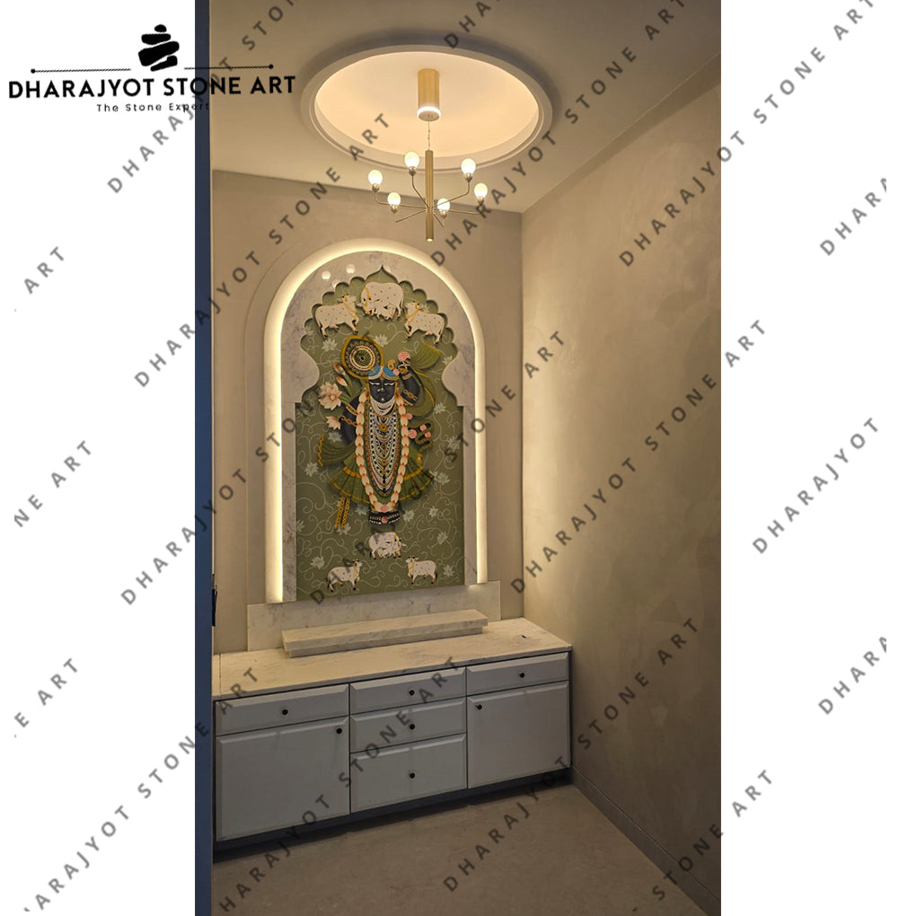 Home Luxury Wall Panel With Shrinathji Stone Inlay Artwork Temple