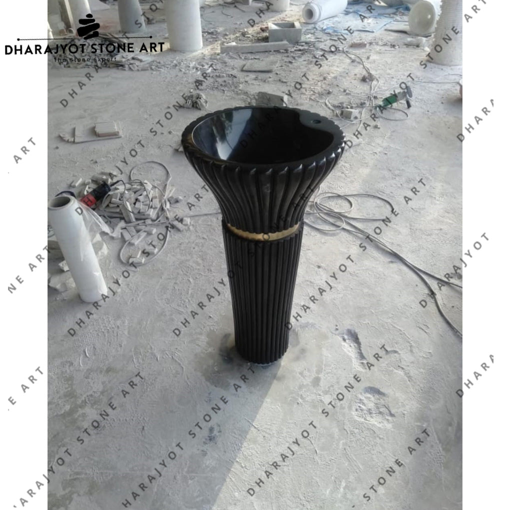Luxury Black Marble Fluted Freestanding Pedestal Wash Basin