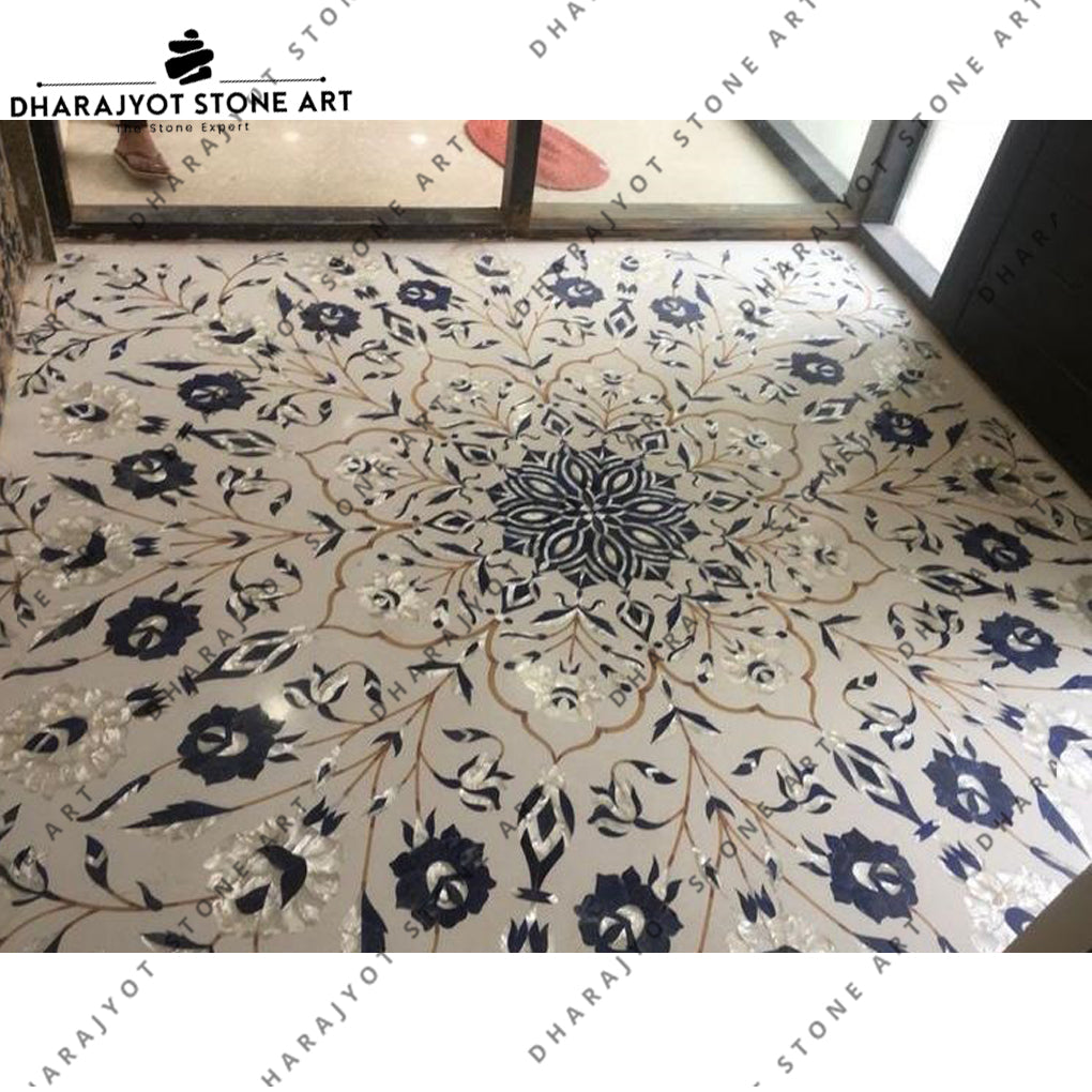 Handmade Pure White Vietnam Marble With Natural Stone Inlay Flooring