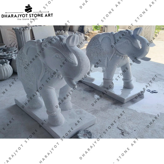 Bungalow Entrance Hand-Carved Large White Marble Elephant Statue