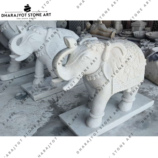 Hand-Carved Outdoor Art for Bungalow Luxury Marble Elephant Sculpture
