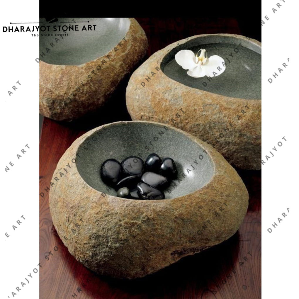 Black Basalt Stone Bowl Garden Fountain