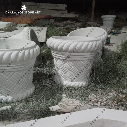 Hand Carved White Natural Stone Round Flower Pot