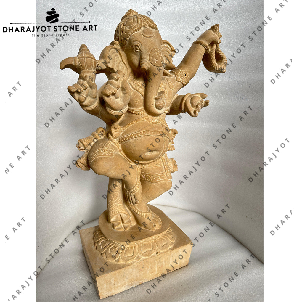 Natural Sandstone Stone Graceful Dancing Lord Ganesha Carved Idol
