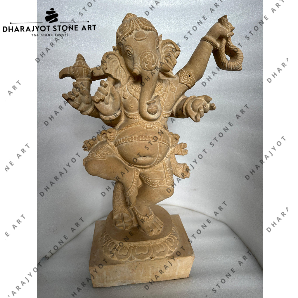 Natural Sandstone Stone Graceful Dancing Lord Ganesha Carved Idol