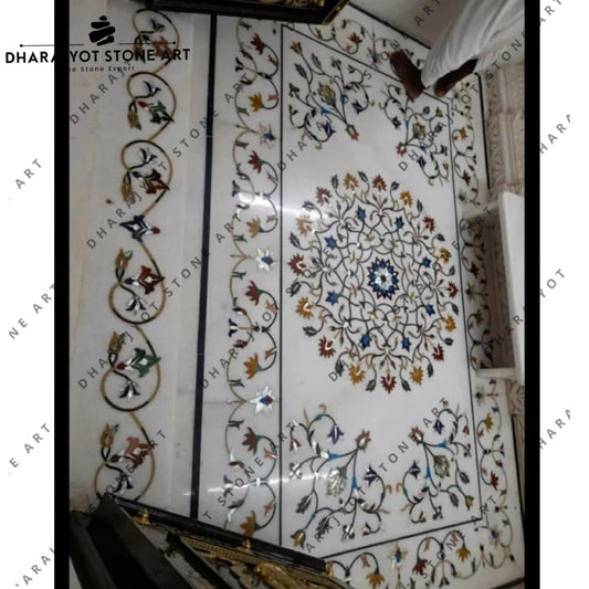 Gorgeous Handmade Rectangle Shape Polished White Marble Inlay Flooring