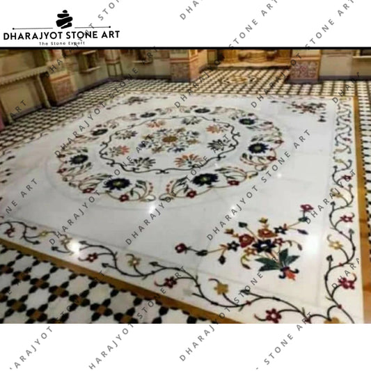 White Italian Marble Handmade Inlay Flooring