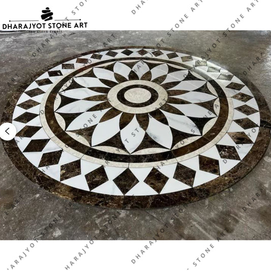 Round White Black Grey Flower Design Marble Inlay Flooring