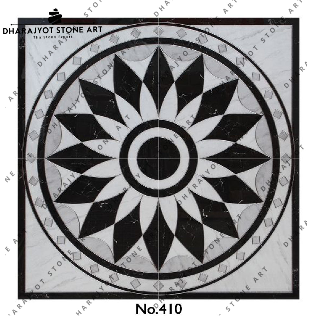 Round White Black Grey Flower Design Marble Curved Inlay Flooring