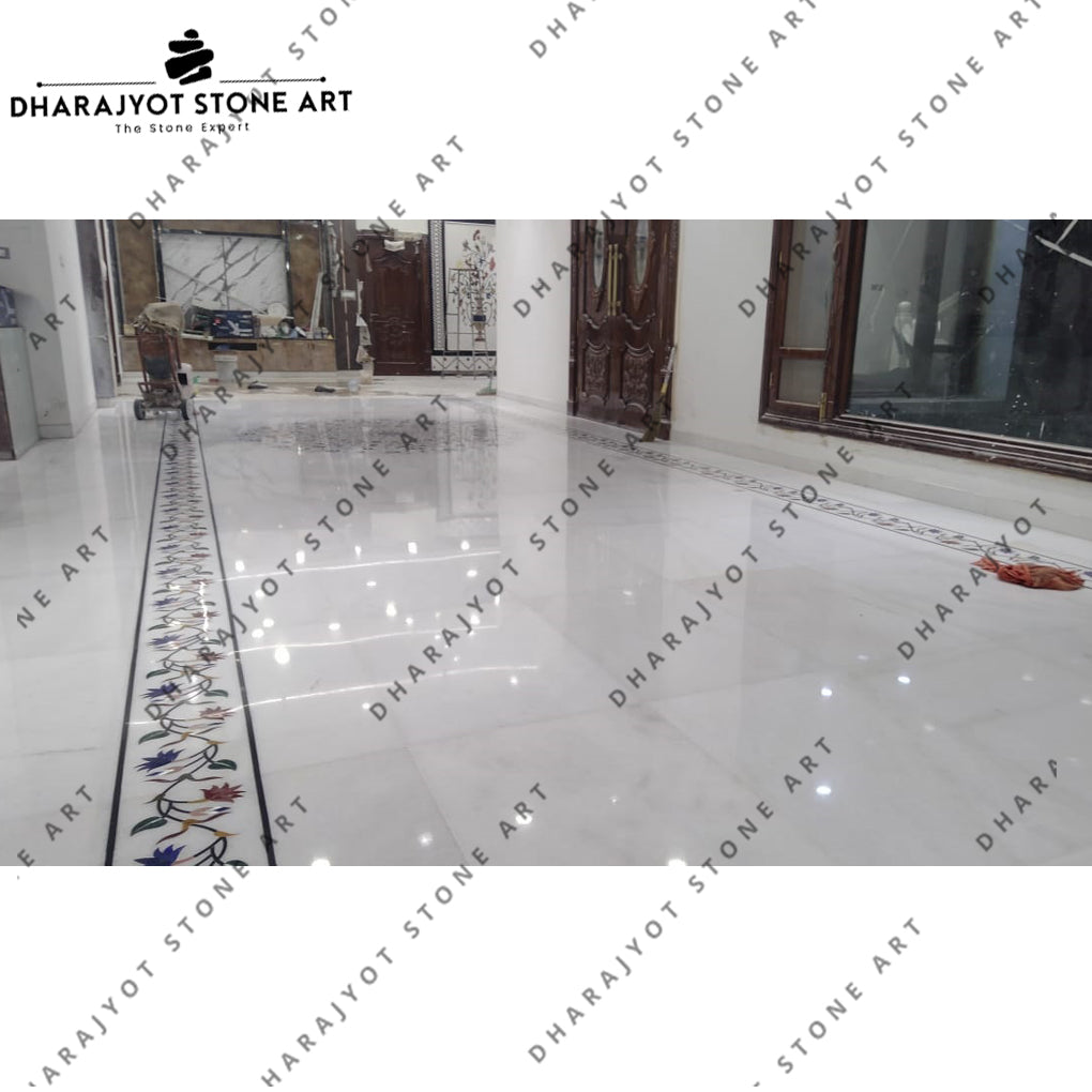 White Stone Decorative Marble Inlay Flooring Work