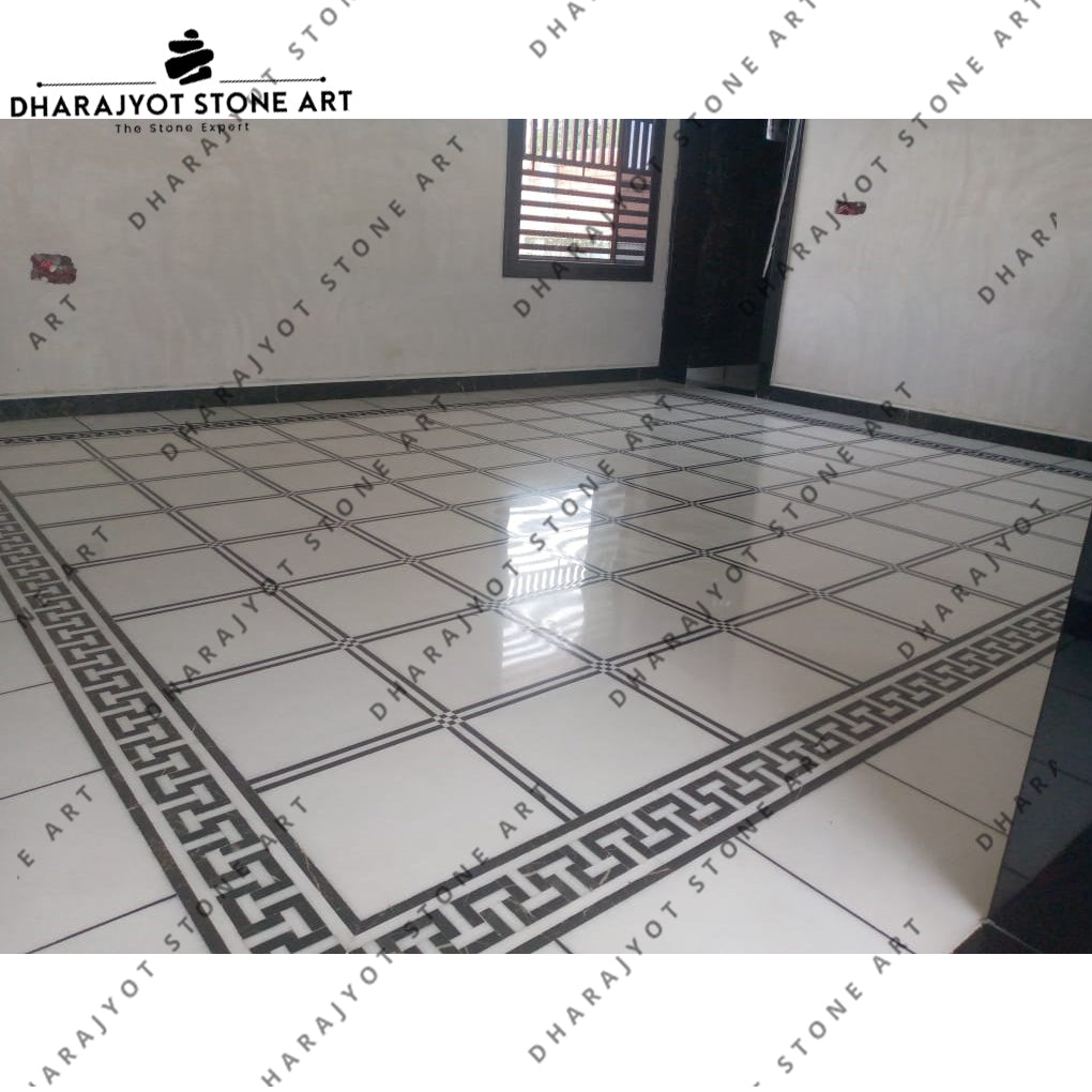 White Polished Finish Marble Inlay Flooring Work