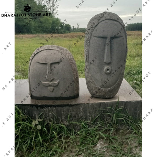 Hand-Carved Stone Face Sculptures Set