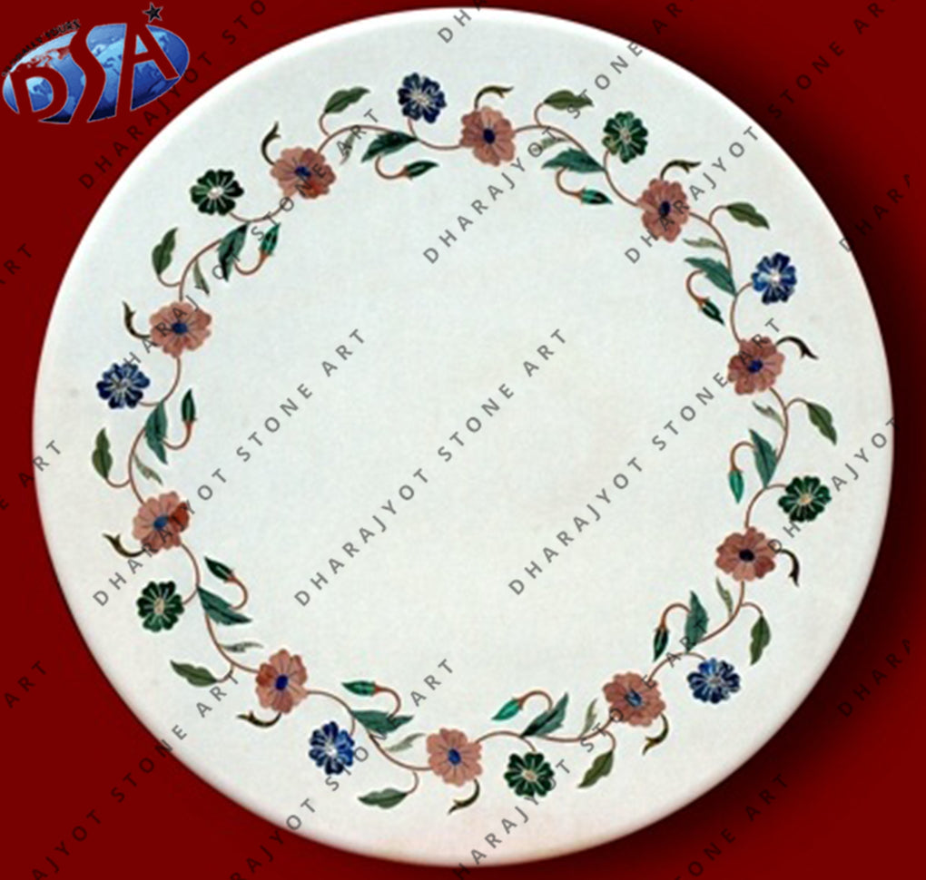 Round White Marble Inlay Table Top