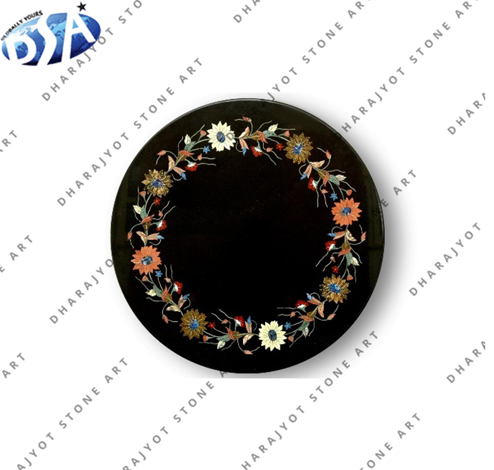 Round Black Marble Inlay Side And End Table Top