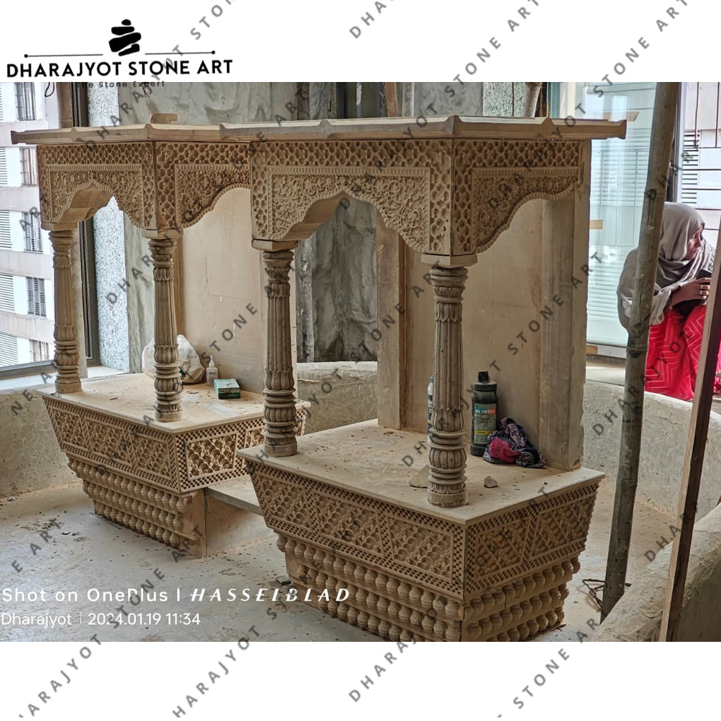 Natural Sandstone Polish Hand Carved Designer Temple