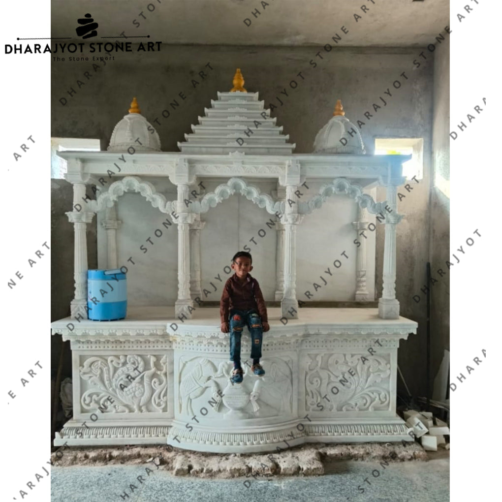 Hand Carved White Marble Polish Mandir For Home Designer Temple