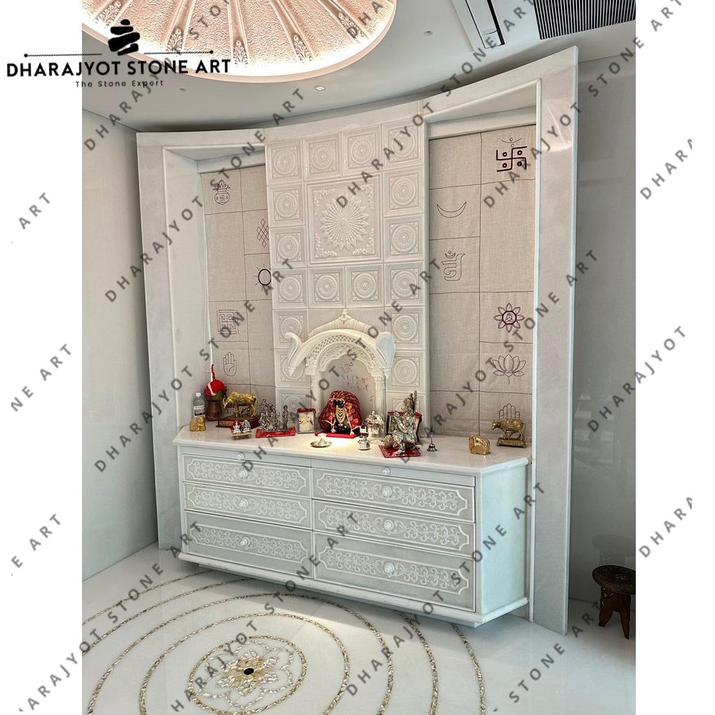 Custom Carved Polished White Marble Handcrafted Home Mandir