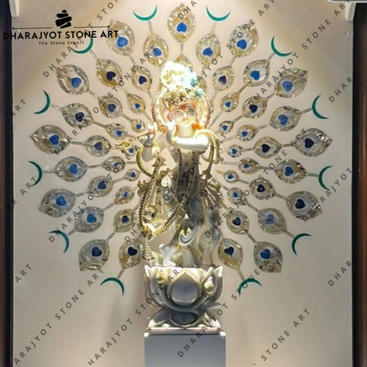 Luxury Handcrafted Krishna Wall Mural with Inlay Peacock Feather Design Temple