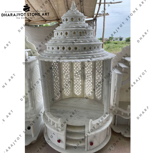 Elegant White Marble Swastik Jali Work and Steps Hand-Carved Temple