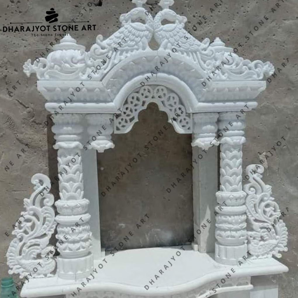 Traditional Peacock Carving and Pillars White Marble Temple