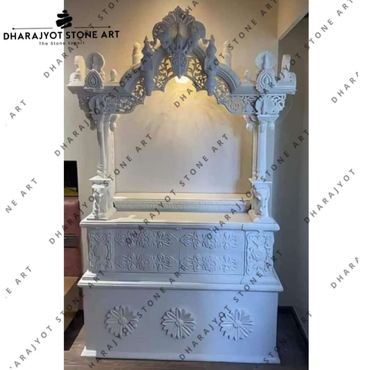 Traditional Pooja Mandir Hand Carved White Marble Home Temple
