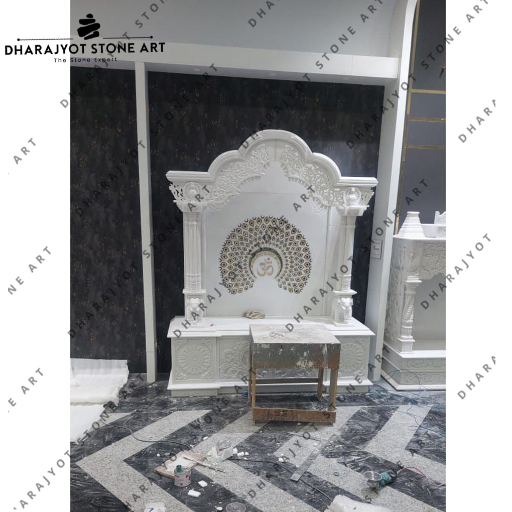 Decorative Peacock Inlay And Carved Pillars White Marble Pooja Mandir