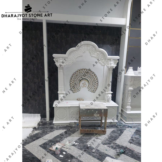 Decorative Peacock Inlay And Carved Pillars White Marble Pooja Mandir