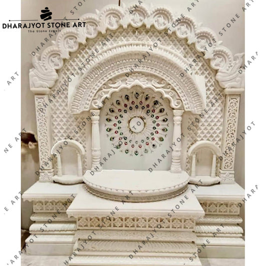 Peacock Feather Inlay And Traditional Jali Carving White Marble Pooja Mandir For Home