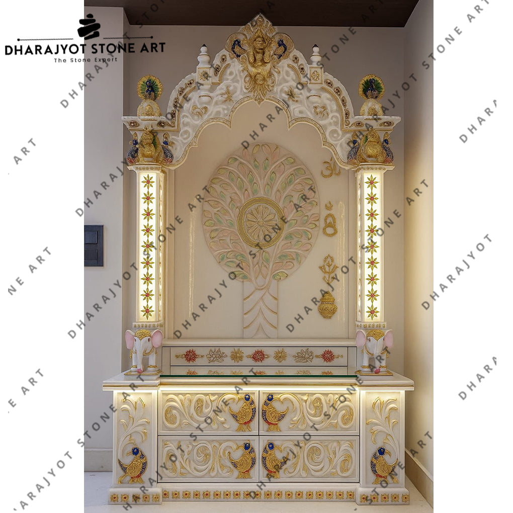 Tree Of Life Hand Carved White Marble Pooja Mandir