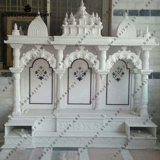Traditional Shikhar And Decorative Pillar Hand Carved White Marble Jain Temple