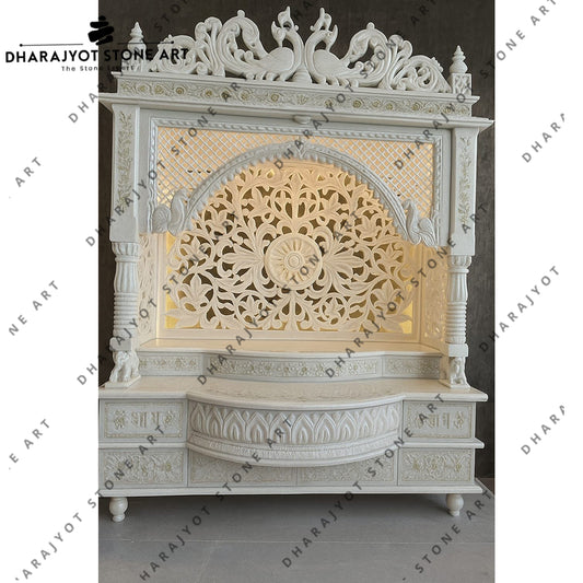 Intricate Jali Work Floral Hand Carved White Marble Temple