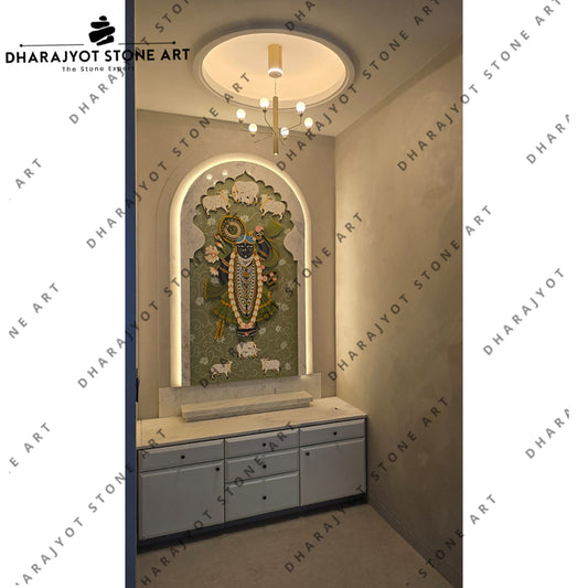 Home Luxury Wall Panel With Shrinathji Stone Inlay Artwork Temple