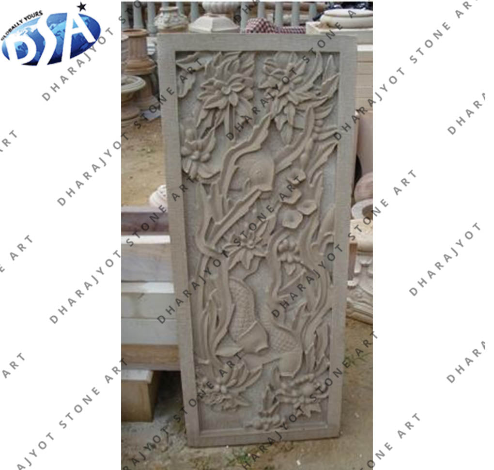 Rectangle Polished Floral Carved Marble Wall Hanging