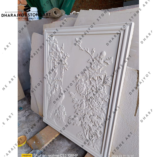 Elegant 3D Hand Carved Flower and Bird Stone Wall Hanging