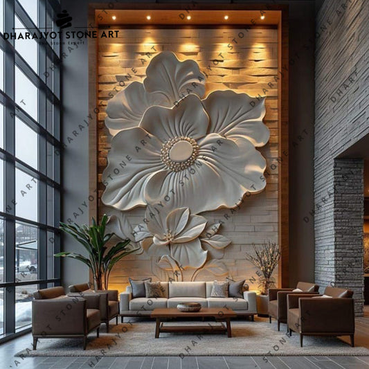 3d White Marble Flower Design Wall Panel