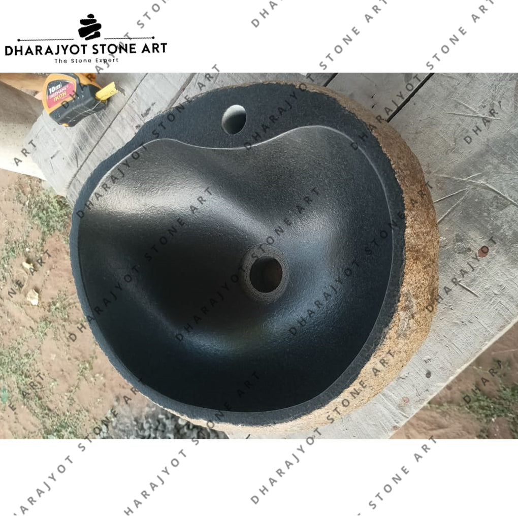 Natural Hand Carved Inside Black Polished Round Stone Washbasin