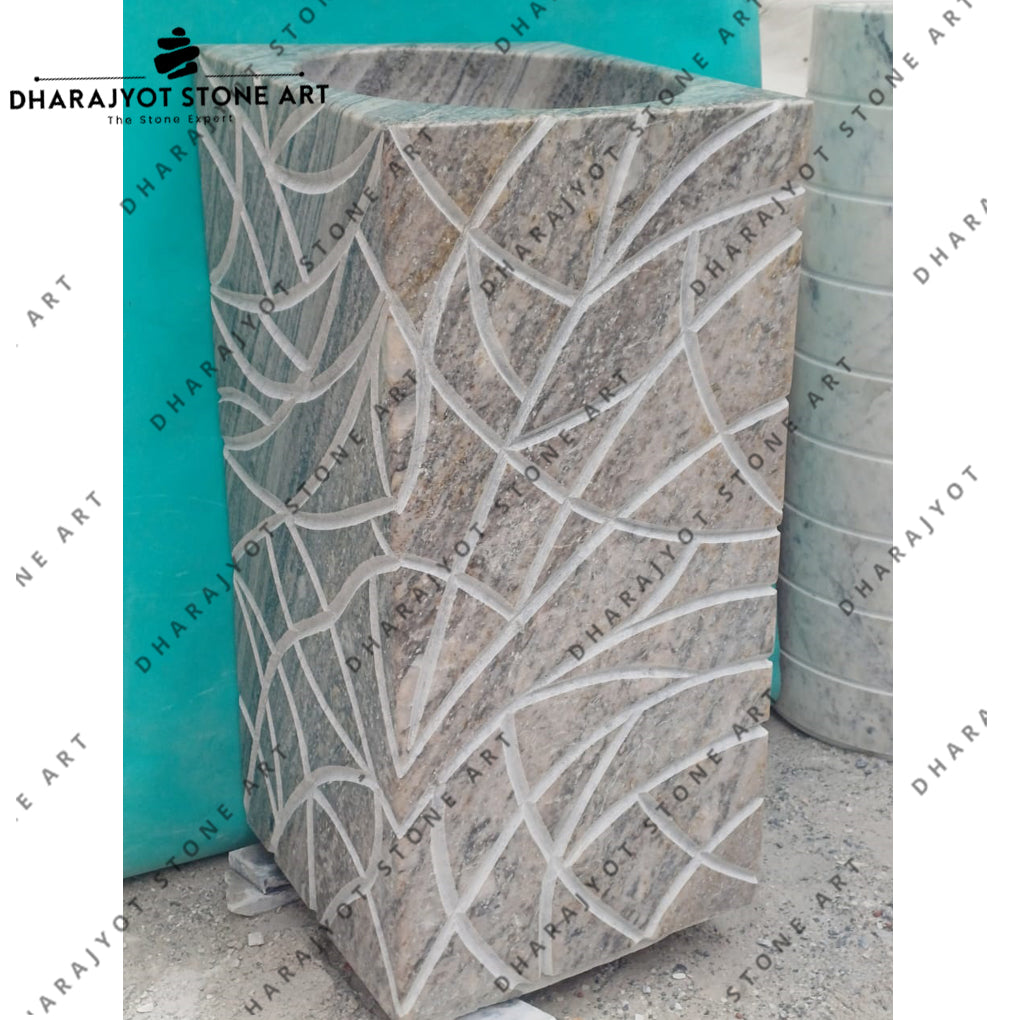 Customized Free Standing Honed Finish Round Grey Marble Washbasin