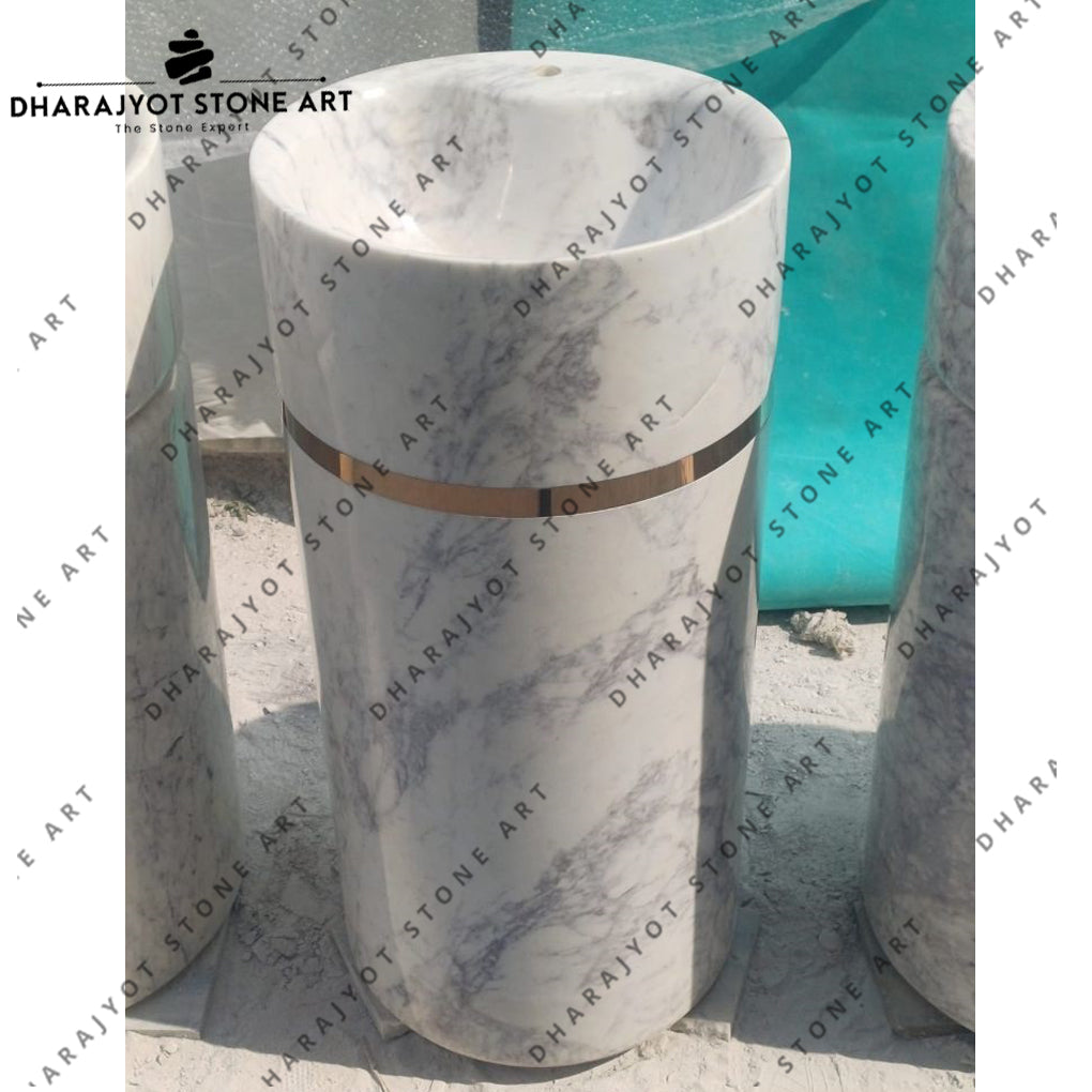 Round Shape Italian White Marble Pedestal Freestanding Washbasin