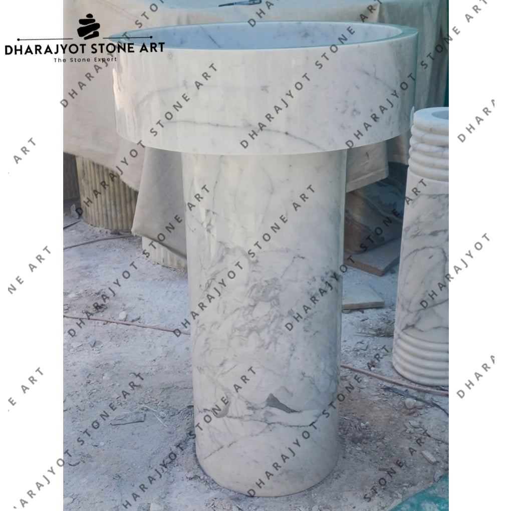 Custom Made Freestanding Italian White Marble Pedestal Washbasin