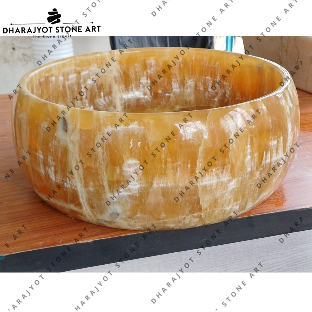 Natural Stone Yellow Marble Round Freestanding Counter Top Sink