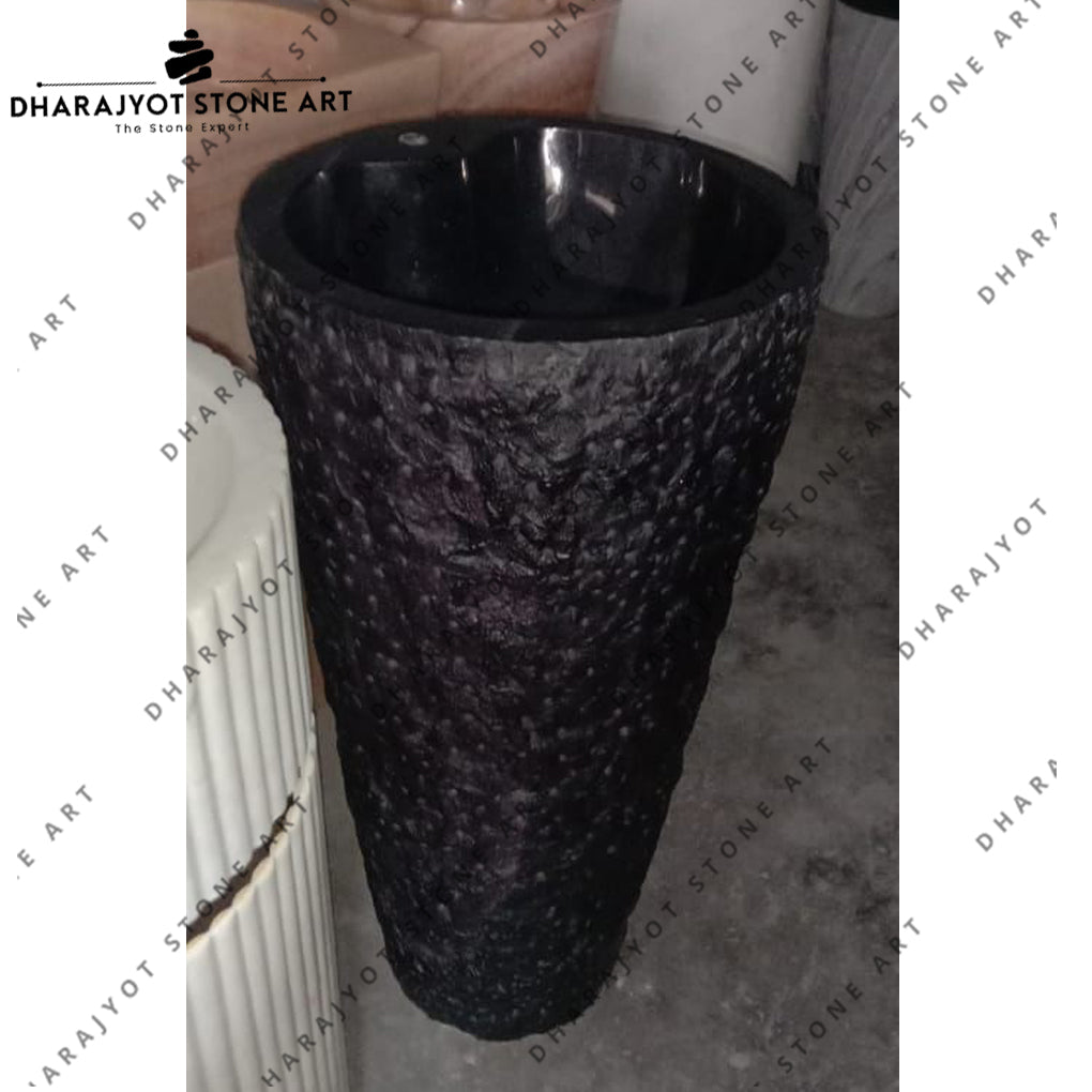 Customized Design Free Standing Round Black Granite Stone Wash Basin