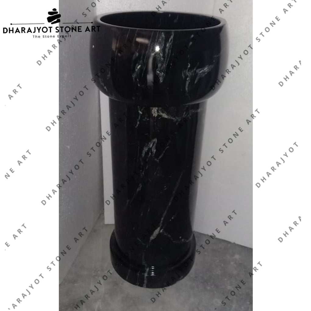 Black Natural Stone Marble Pedestal Freestanding Round Wash Basin