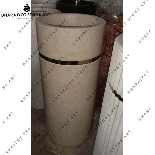 Free Standing White Marble Stone With Brass Patti Pedestal Washbasin