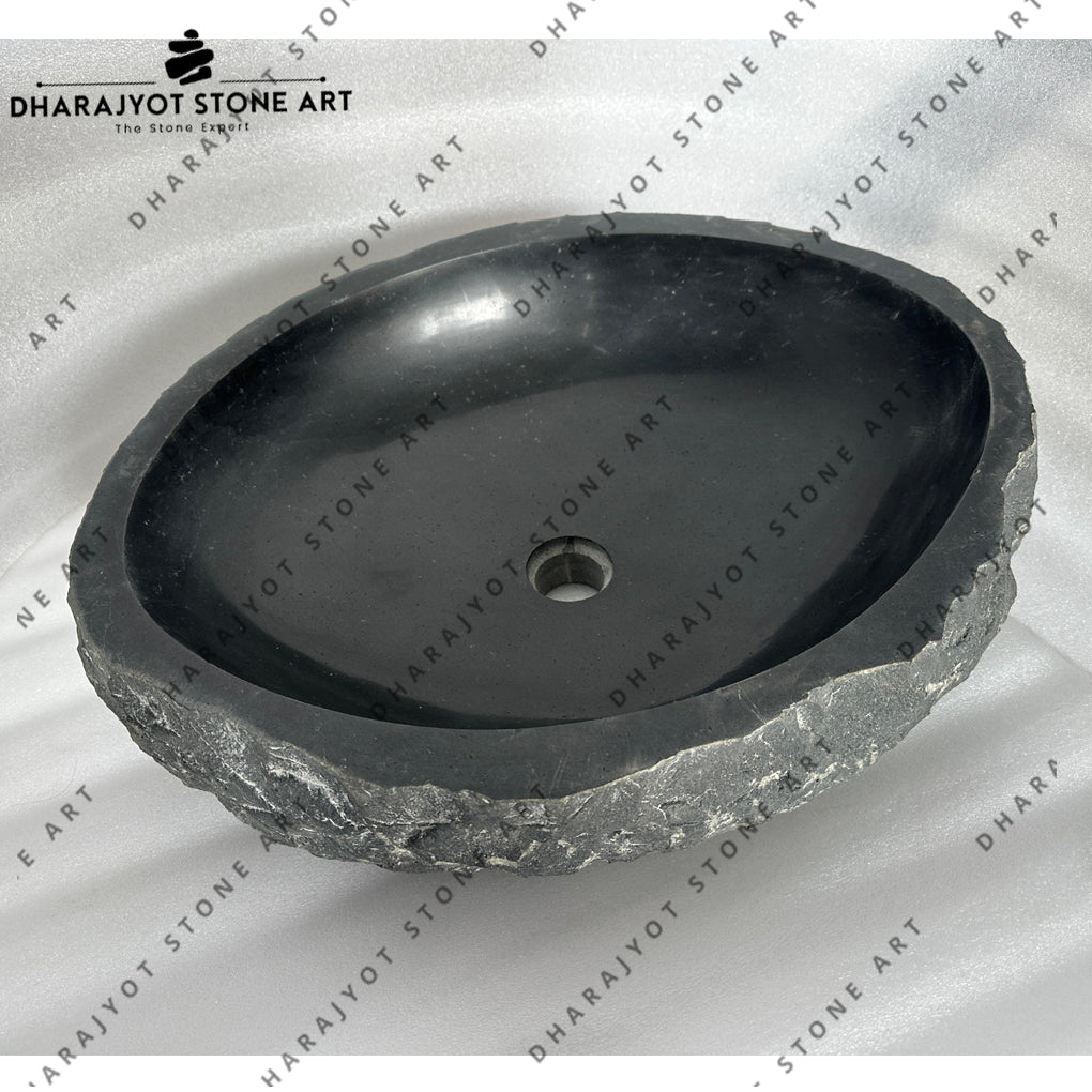Modern Black Basalt Stone Handcrafted Oval Countertop Wash Basin