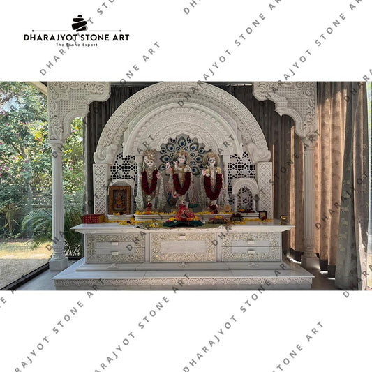 Hand Carved Vietnam White Marble Polish Mandir For Home Designer Temple
